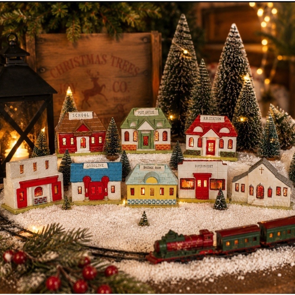 Vintage LHC 1930s Japan Putz Christmas Village Set Plaster Railroad Houses